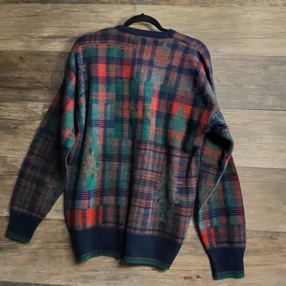 Collectif Men's Red Navy and Green Plaid Crewneck Wool Blend Sweater - Picture 3 of 9
